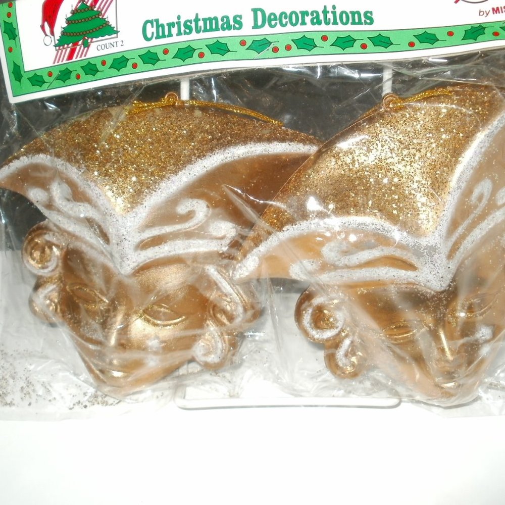 2 Pair Gold Venetian Mask Christmas Ornaments